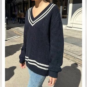 BRANDY MELVILLE Navy Blue Wool V Neck Sweater One Size Cable Knit NWOT